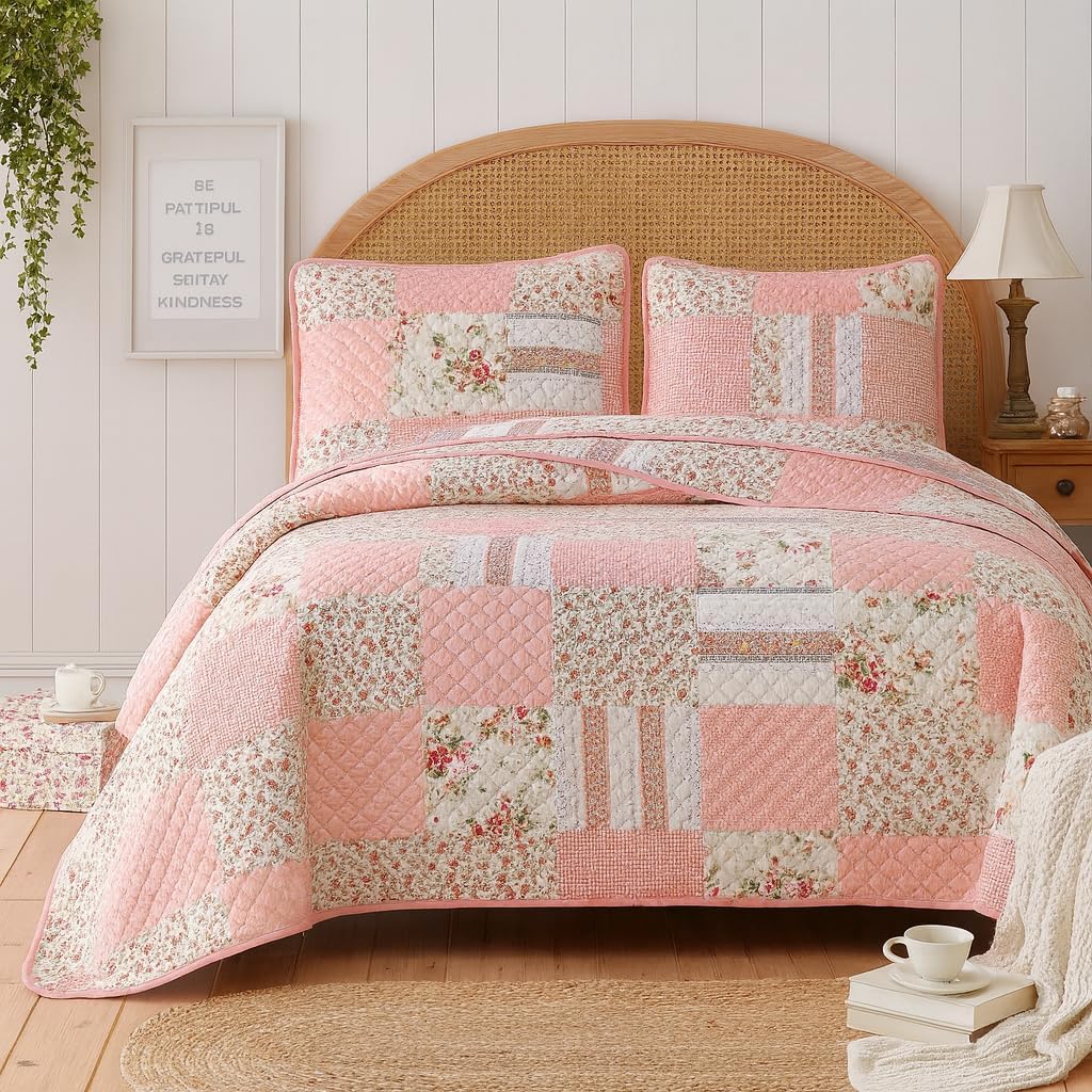 DBOZE Reversible Cotton Blend 3-Piece Embroidery Pattern Elegant Bedding Quilt Set with Embroidered Decorative Shams Soft Bedspread & Coverlet Set (Pink, Queen)