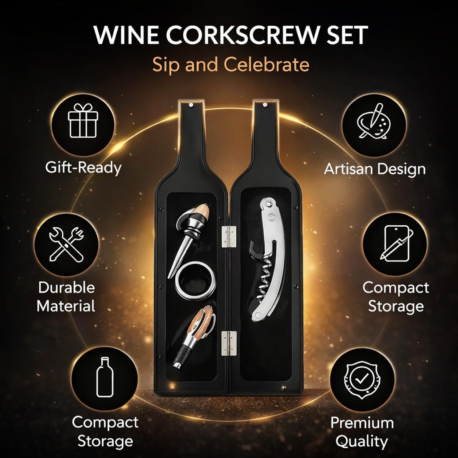 Wine Corkscrew Set with Pourer Stopper Drip Ring and Foil Cutter, Black and Gold, 6 Pieces - Ergonomic Design, Durable Stainless Steel, Ideal for Home and Bar Use