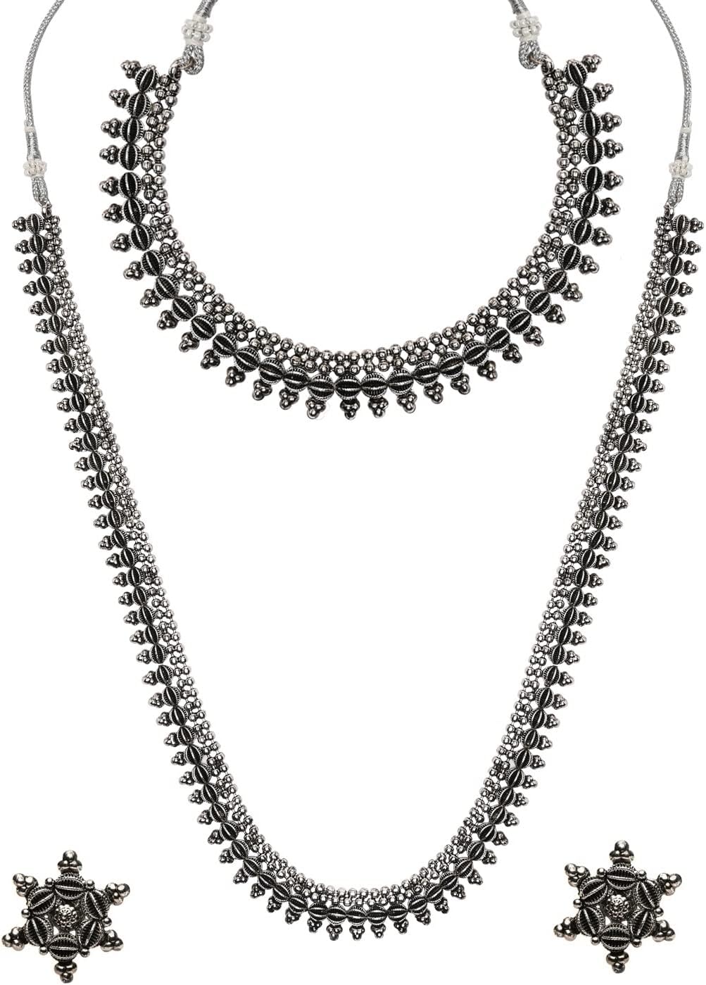 I JewelsNavratri Ethnic Silver Oxidised Traditional Style Long Necklace With Choker & Earrings For Women & Girls (MC123OX)