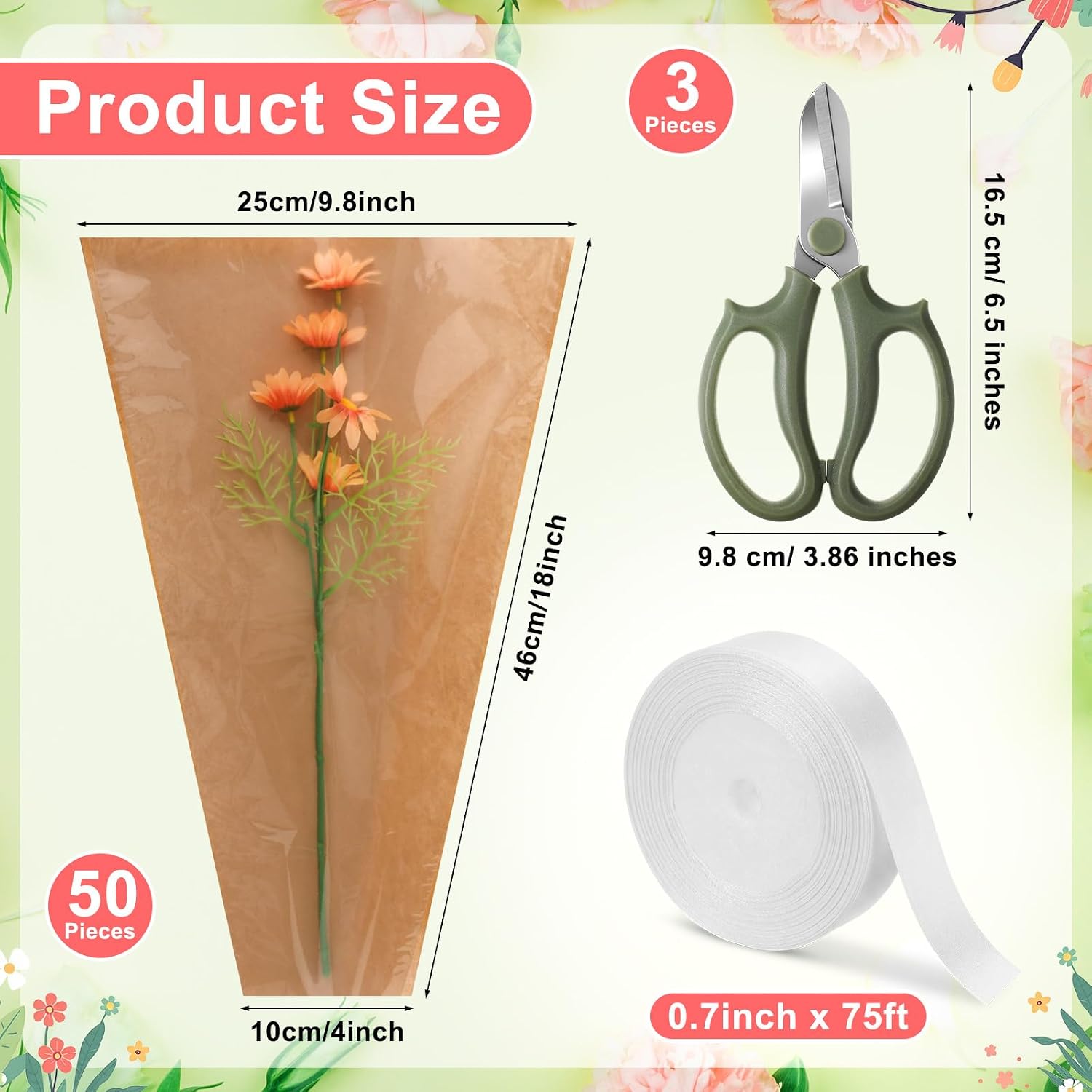Lanties 54 Pcs Flower Wrapping Sleeves 18 x 9.8 in Kraft Back Clear Front Bouquet Bags with Ribbons and Floral Scissors Florist Wrapping Supplies for Graduation Wedding DIY Flower Arrangement