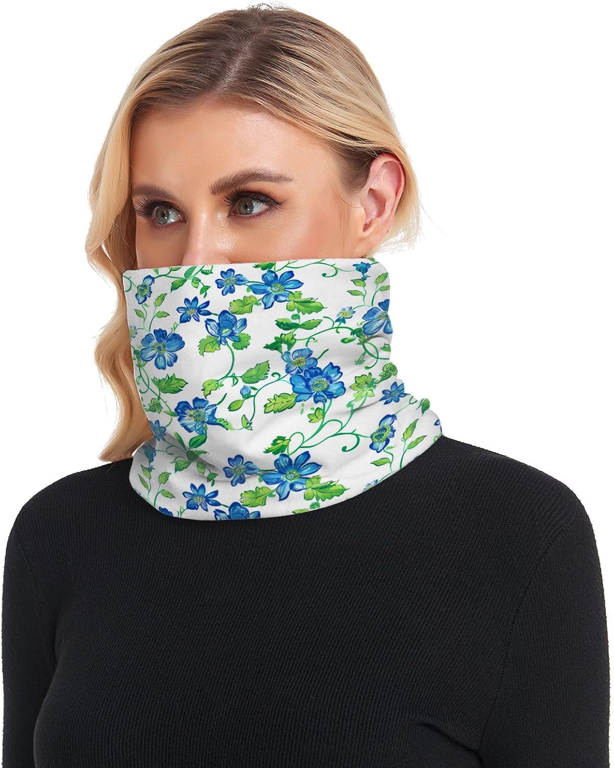 Blue Floral Pattern Green Winter Neck Gaiters for Cold Weather Neck Gaiter Thermal Thick Warm Fleece Lined for Men & Women