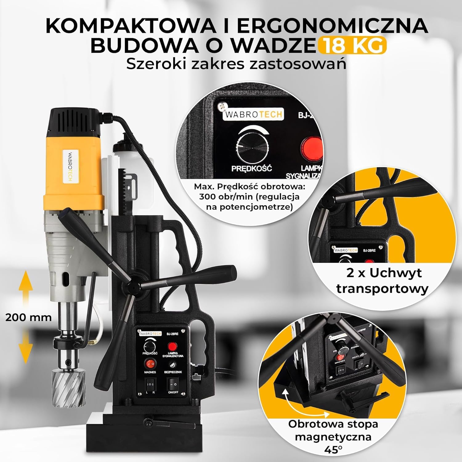 Wiertarka magnetyczna 1880W wiertarka rdzeniowa WABROTECH WT23RE (zestaw do wierteł krętych)