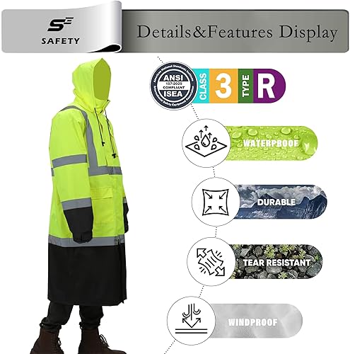 Miniatura 5 de sesafety Chaqueta de lluvia Hi Vis, equipo de lluvia de alta visibilidad, traje de lluvia clase 3 para hombre, impermeable con parte inferior negra,