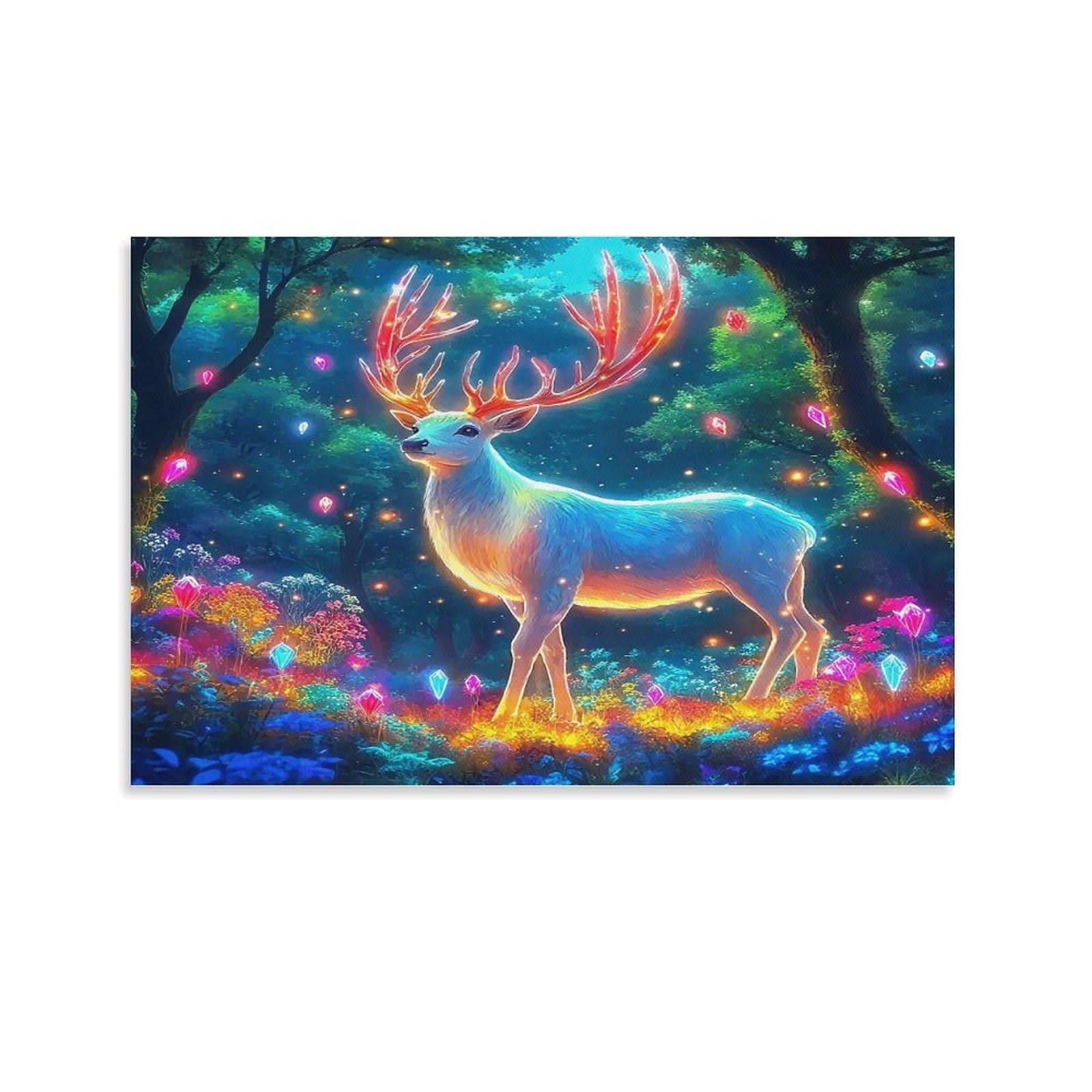 CPLVKWRQJ Cute Fawn Running Individual Glowing Magic Deer Dark Crystal Forest Wall Art Decor - Kitchen Removable Canvas Wall Art Multi-Purpose Focal Point 20x30inch(50x75cm)