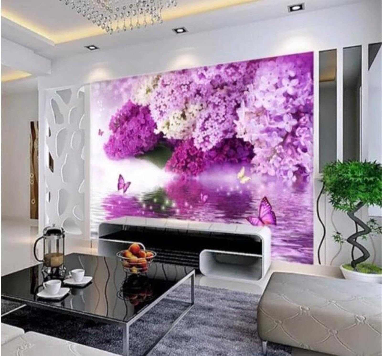 Papier Peint 3D Esthétique Violet Fleurs Reflet Papillon