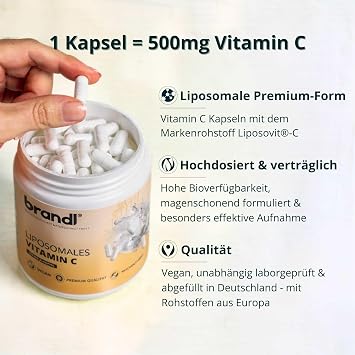 Vitamin C Capsules Liposomal - 500 mg High Dose Vitamin with High Bioavailability Vegan Well Tolerated Support Immune System - Pack of 120 Independently Laboratory Tested Bottled in Germany