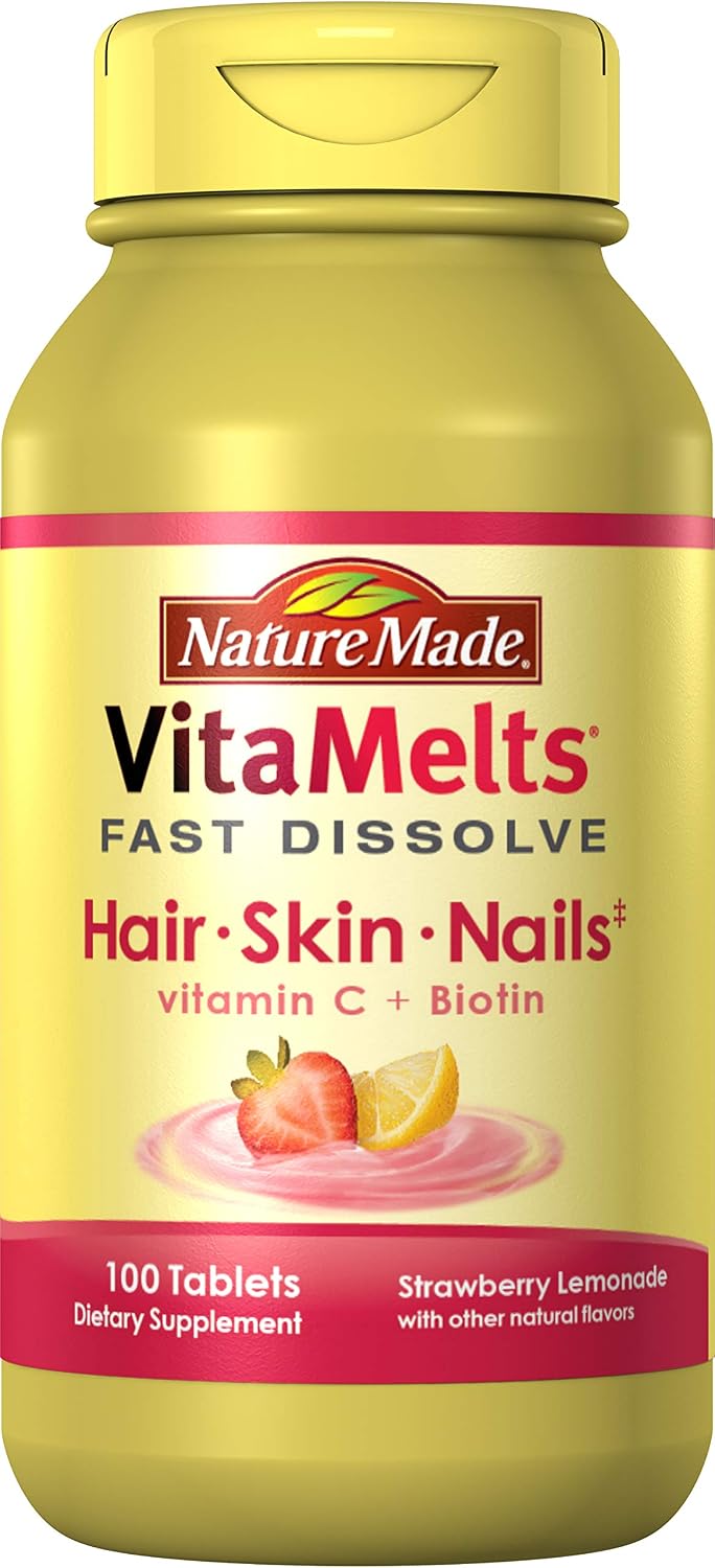 Nature Made VitaMelts Fast Dissolve Hair Skin & Nails (Biotin 2500 mcg + Vitamin C 60 mg) 100ct