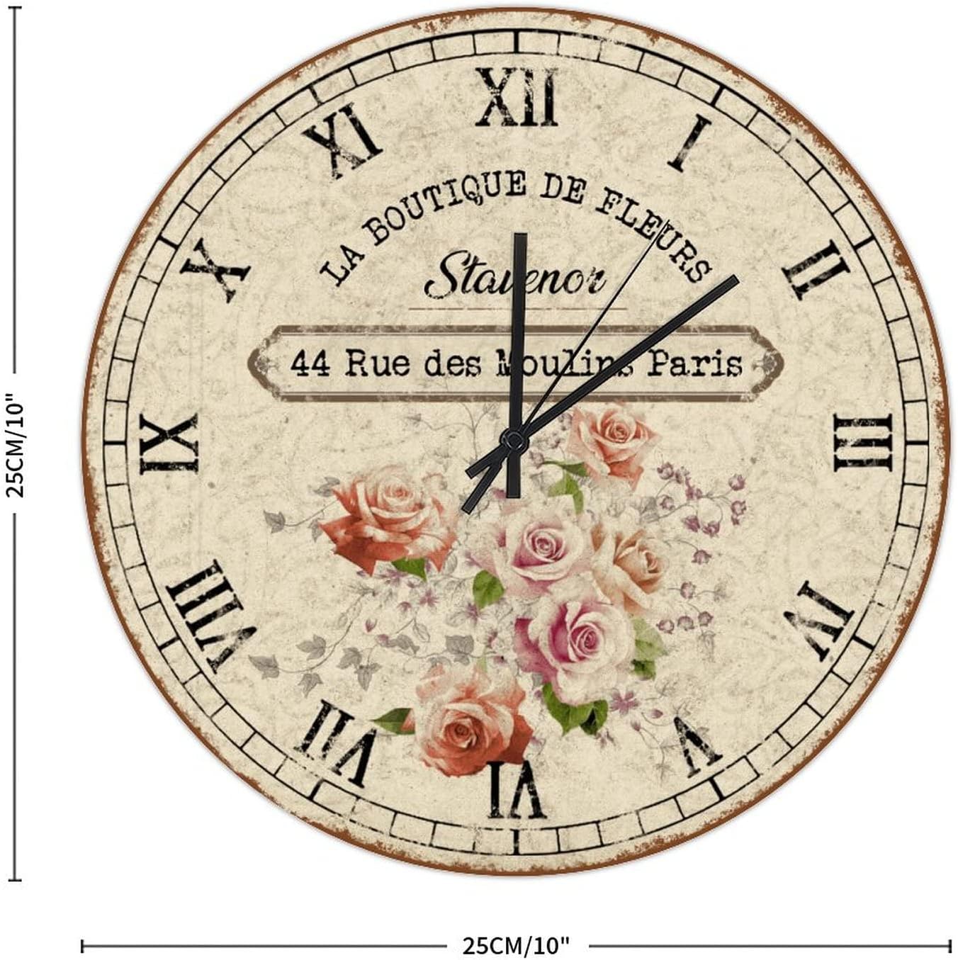 Hanging Clock 10in French Vintage Flower Wooden Clock Shabby Chic Rose Personalised Silent Quartz Battery Operated Popular Wall Decor for Home Shelf Master Room Office Garden image 2