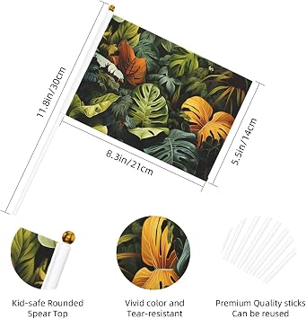 Tropical Rainforest Palm Leaves Double-Sided Hand Waving Flag 14x21cm Six Piece | Mini Stick Flag for Sports & Party