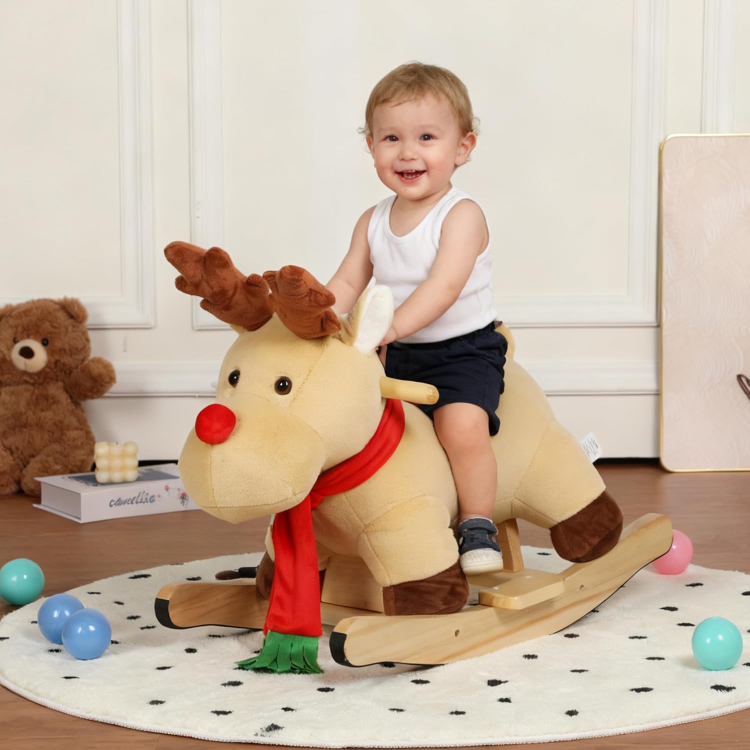 Gecheer Soft Plush Rocking Horse Toy for Toddlers 1-3 Years with Lullaby Sound and Safety Belt CPC Certified
