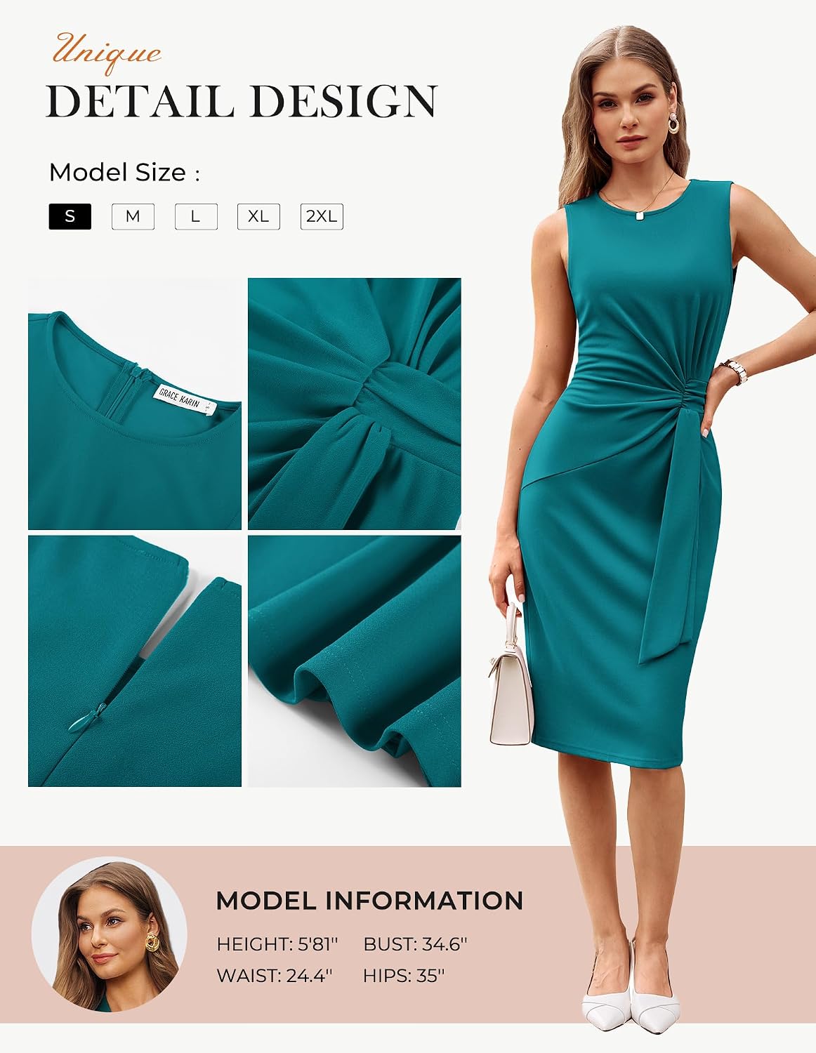 GRACE KARIN Women Sleeveless Bodycon Work Dress,Midi Sheath Business Dress image 5