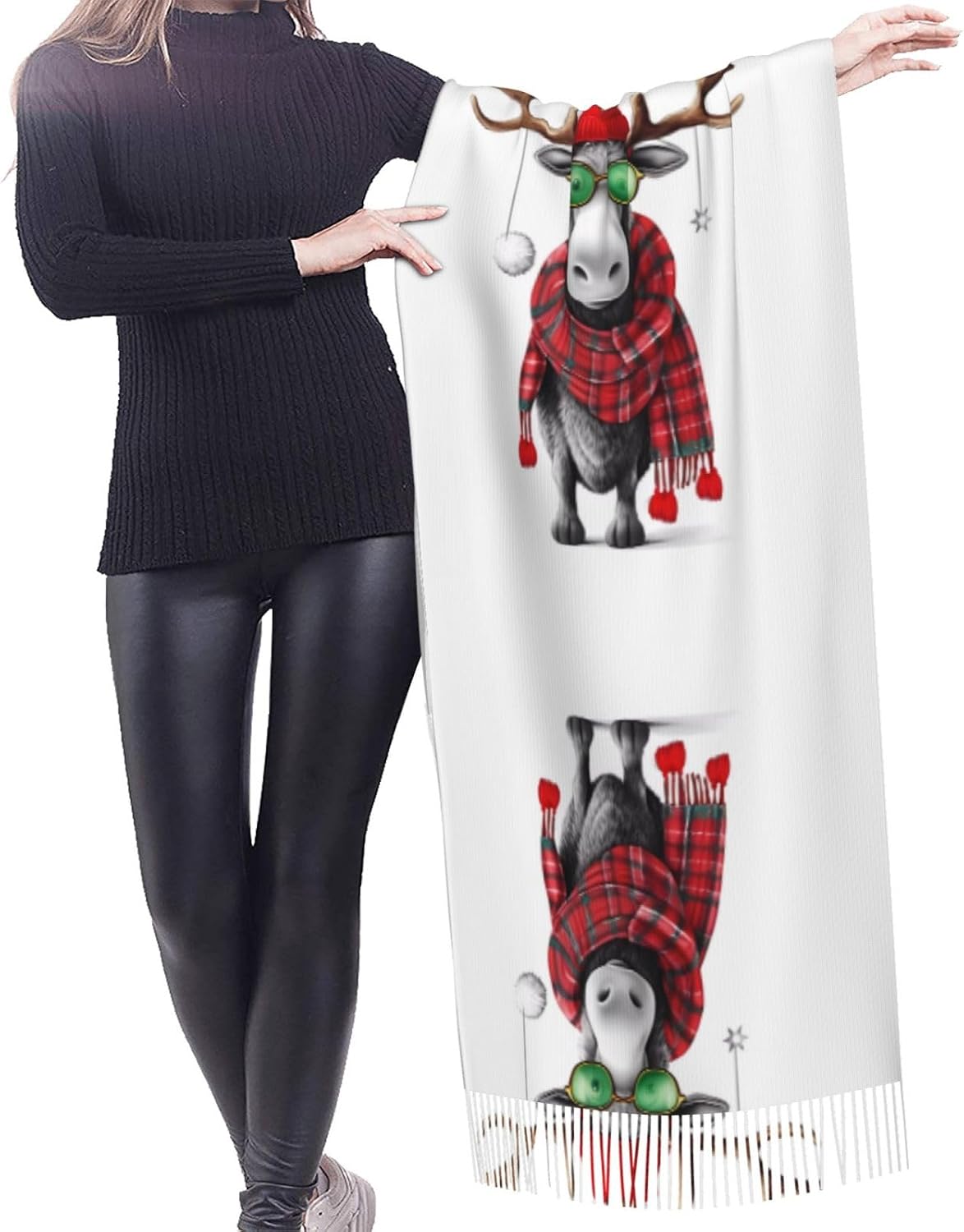 Funny Christmas Moose Tassel Warm Scarf Super Soft Faux Cashmere Long Fashion - Winter Travel Spring Festival Gift For Friends Lovers