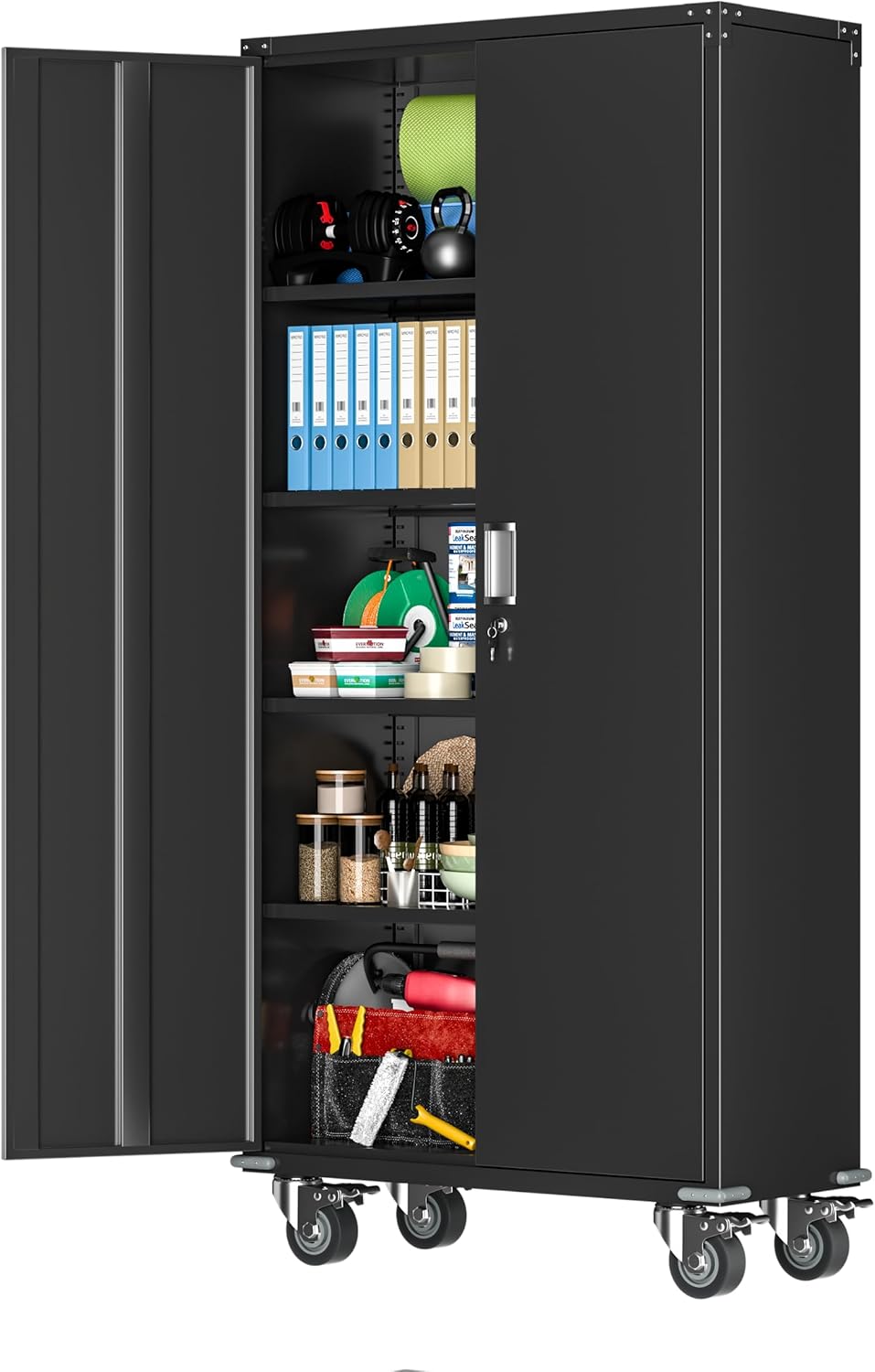 Atripark Metal Storage Cabinet with Wheels, 75 Black Garage Rolling Cabinet with Doors and 4 Shelves, Steel Locking Cabinets Tall Tool Lockable Storage Cabinets for Basement, Pantry, Home Office