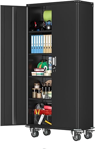 Atripark Armarios de almacenamiento de metal con puertas de bloqueo, armario de almacenamiento de acero con cerradura con 2 puertas y 2 estantes