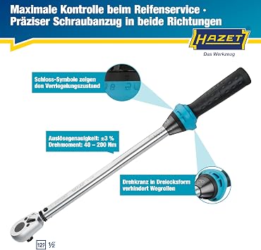 Hazet Drehmomentschlüssel 5122-2CT I Abtrieb: Vierkant 125 mm 1/2 Zoll Toleranz: 4% 32 Zähne Betätigungswinkel 1125 Grad I anwenderfreundliche Umschaltknarre für Auto und Fahrrad I 519mm