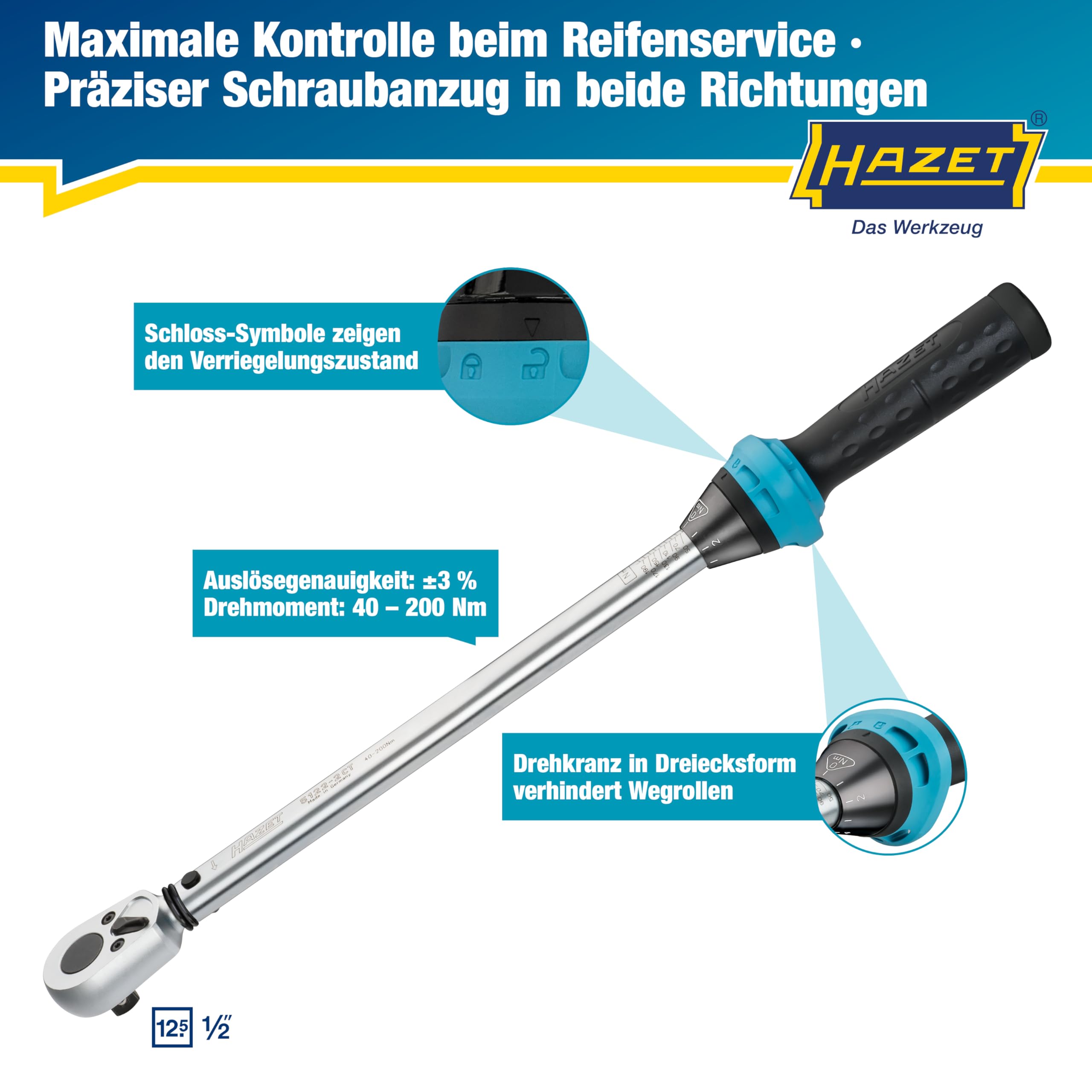Hazet Drehmomentschlüssel 5122-2CT I Abtrieb: Vierkant 12,5 mm, 1/2 Zoll, Toleranz: 4%, 32 Zähne Betätigungswinkel 11,25 Grad I anwenderfreundliche Umschaltknarre für Auto und Fahrrad I 519mm