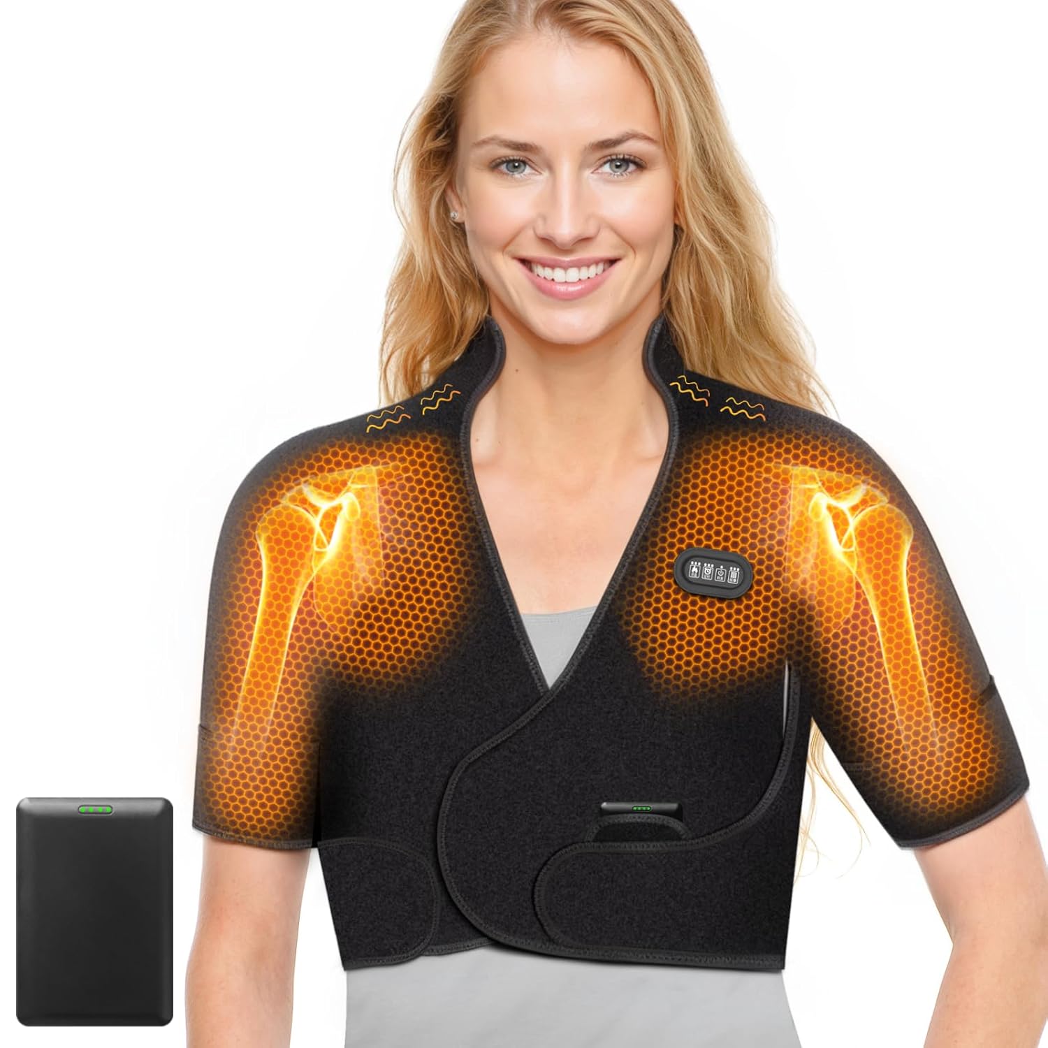 Yabuu Almofada Térmica Sem Fio com Massagem para Alívio de Dor no Pescoço, Ombros e Costas com Power Bank de 10000mAh e Ajuste Perfeito, 3 Níveis de Calor