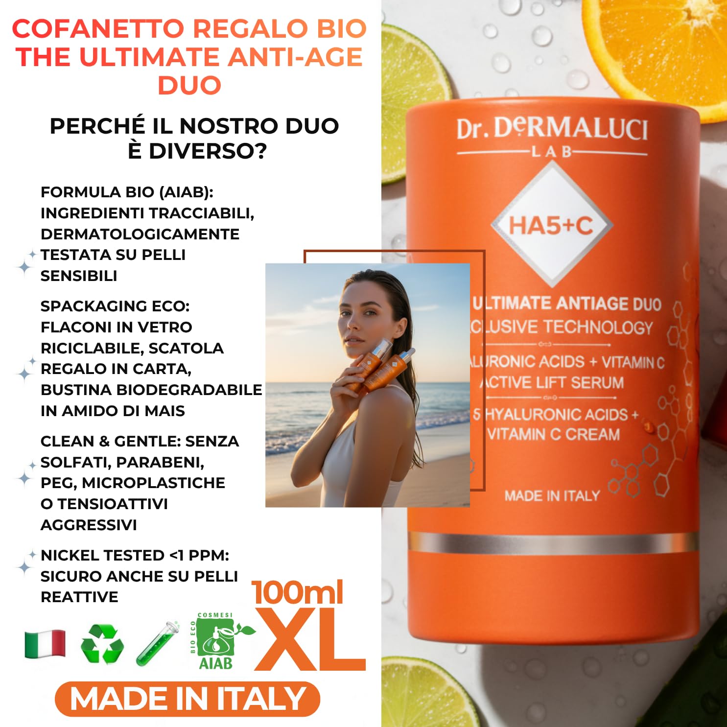Dr. Dermaluci Lab - Cofanetto Regalo Donna/Uomo Compleanno BIO - Antirughe, Idratante, Illuminante - Siero Vitamina C + Crema 5 Acidi Ialuronici 2x100ml - Hexapeptide, Centella - Made in Italy