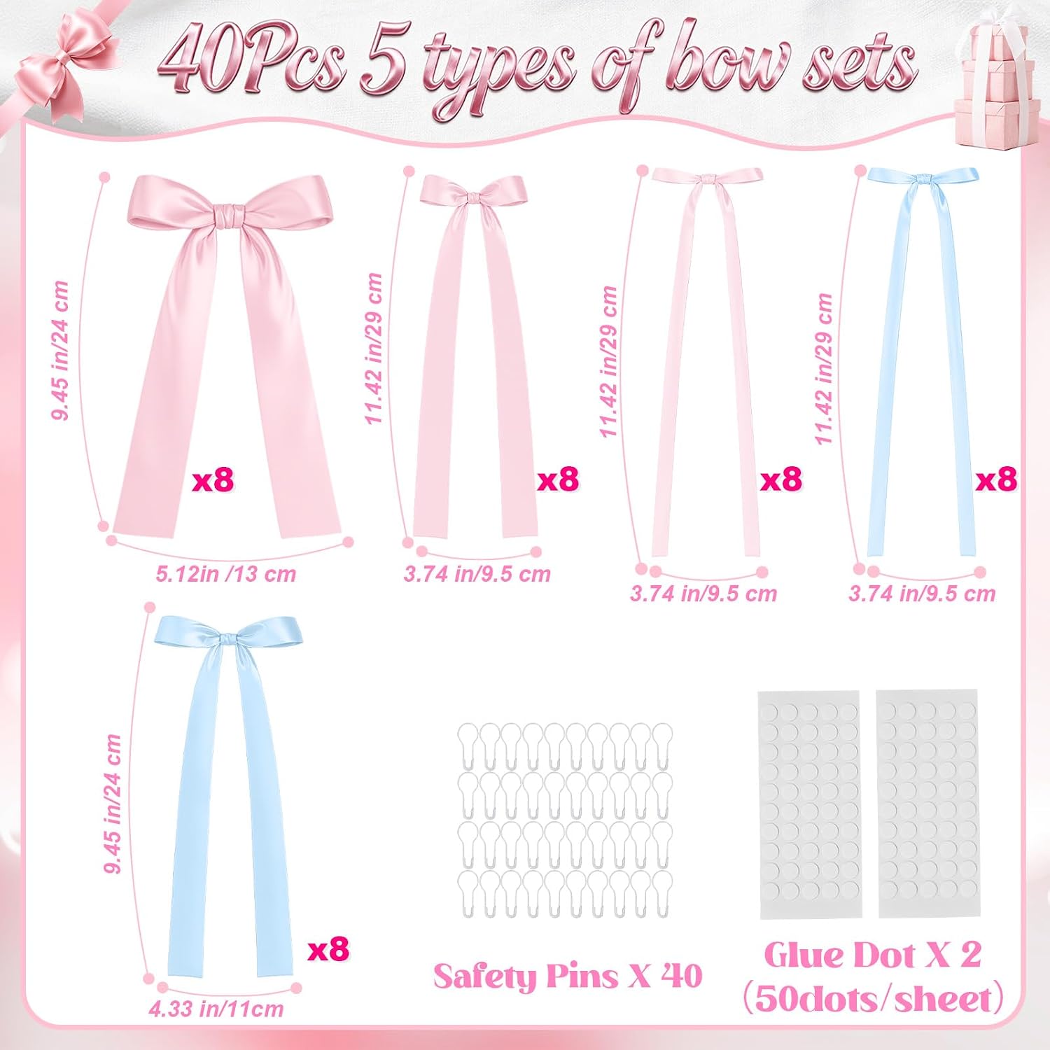 Pink and Blue Bows Decorations, 40Pcs Gender Reveal Bow Party Decorations, DIY Ribbon Satin Bow Garland Photo Backdrop for Boys Girls Birthday Baby Bridal Shower Room Bedroom Wedding Party Wall Decor