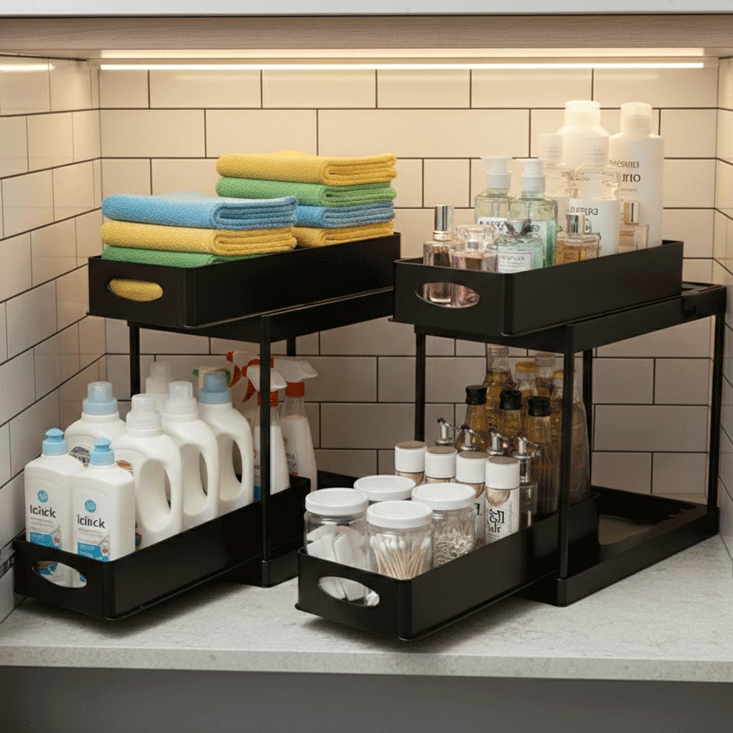 2 Pack Under Sink Organizer, Pull-Out Cabinet Storage Organizers for Bathroom & Kitchen, Multi-Purpose Under Counter Shelf Rack for Cleaning Supplies, Bottles & Toiletries, Cabinet Organizer-Black