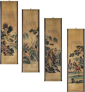 CIFIBIFUN Wall Asia Art Prints Posters Painting Eagle Crane Waterfall,4 Panels Paper Scroll,Home Walls Decor for Living Room Bedroom (Japan Painting)