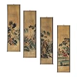 CIFIBIFUN Wall Asia Art Prints Posters Painting Eagle Crane Waterfall,4 Panels Paper Scroll,Home Walls Decor for Living Room Bedroom (Japan Painting)