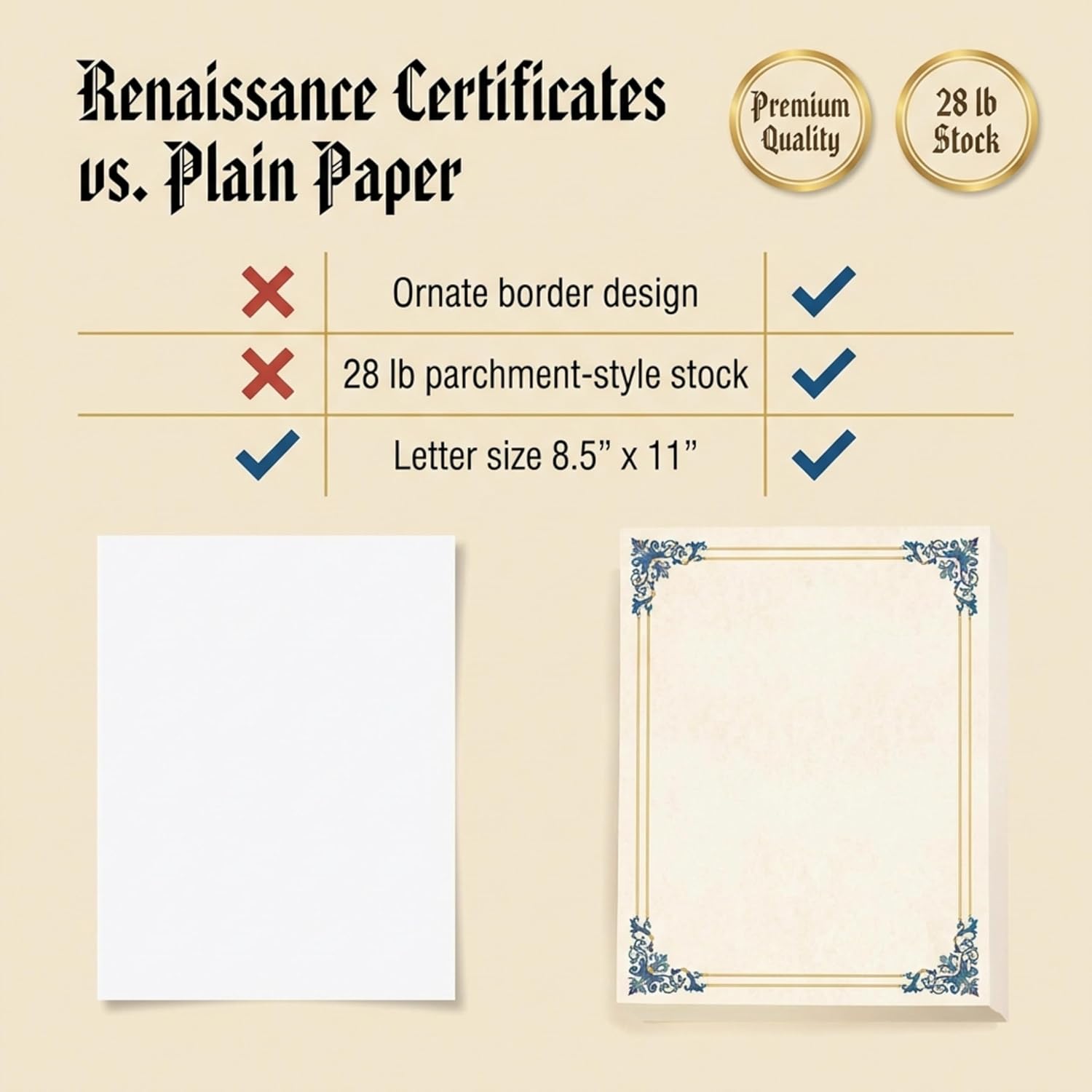 PaperDirect Renaissance Certificates,100 Sheets of 28lb White Paper, 8½" x 11", Blue and Gold Filigree Accents Border, Perfect for Awards, Students, Employees, Volunteers, Course Completion, Diplomas