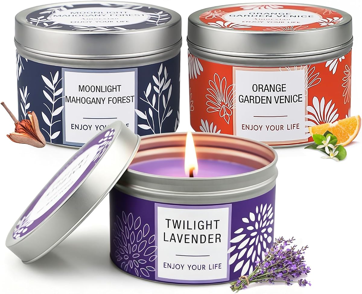 Juego de regalo de velas perfumadas para mujer, paquete de 3 velas grandes de cera de soja en latas, 6.2 oz cada una, 30-35 horas de combustión, lavanda, azahar y madera de caoba