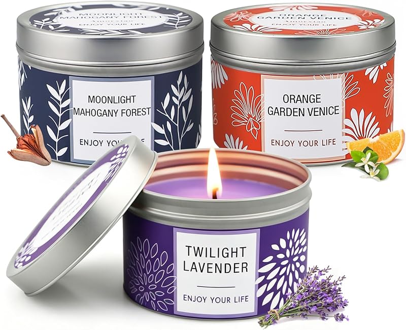 Juego de regalo de velas perfumadas para mujer, paquete de 3 velas grandes de cera de soja en latas, 6.2 oz cada una, 30-35 horas de combustión, lavanda, azahar y madera de caoba