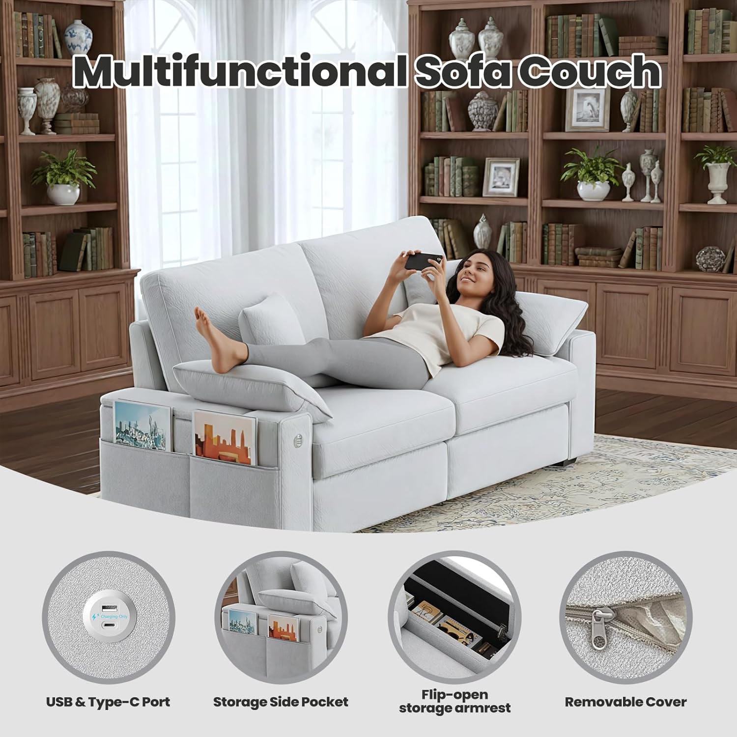 76" Modern Sofas for Living Room, Comfy Loveseat Sofa with Deep Seat Couch, USB/Type-C Port, Side Storage, Removable Cover, Small Couches for Living Room, Light Grey - Image 3