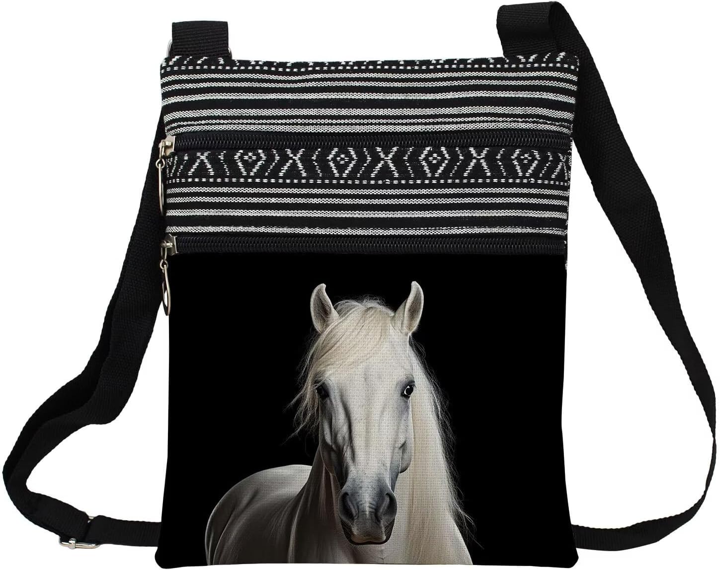 White Horse Messenger Bag Small Ethnic Pattern Printed Adjustable Strap Crossbody Zipper Pouch White Horse Phone Organizer Wallet Cute Shoulder Handbag for Women