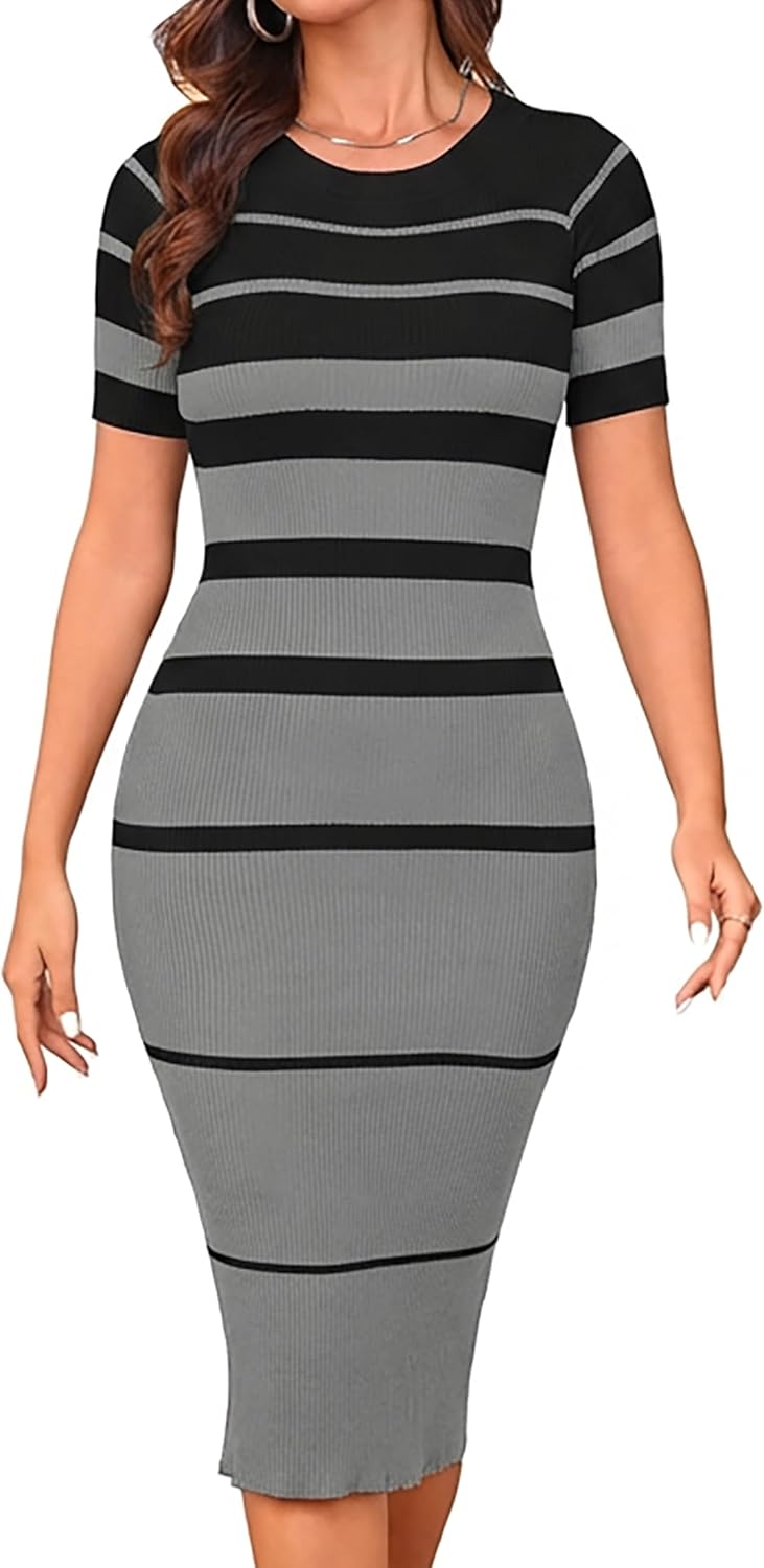 MAKABO Women's Long Sleeve Ribbed Sweater Dress Crew Neck Stripes Bodycon Midi Dresses Casual Knit Stretch Outfits