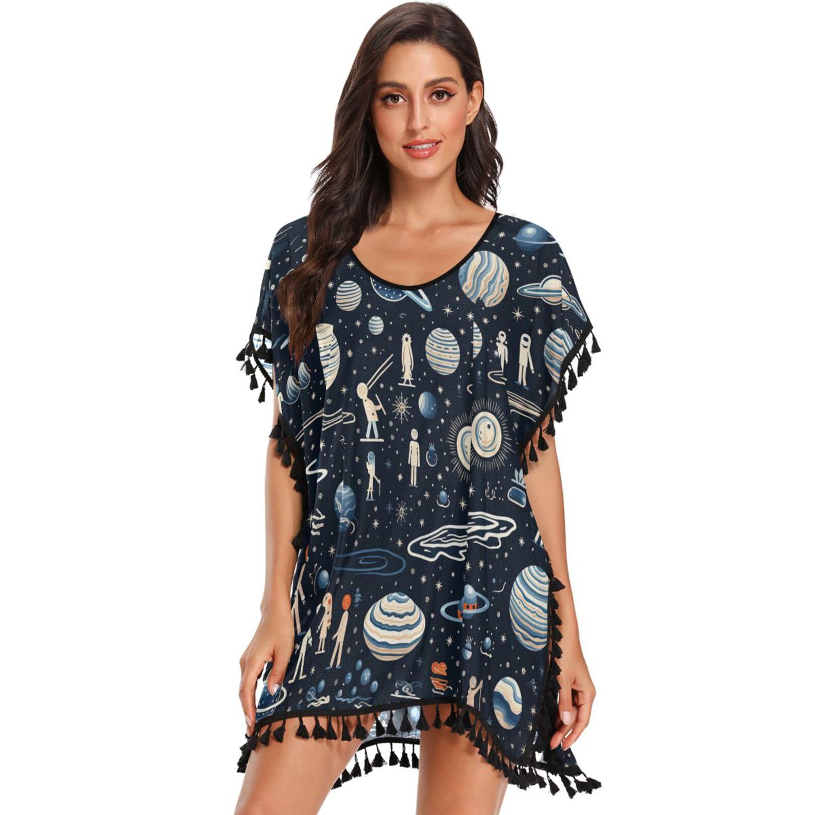 KAAVIYO Planets Spaces Dark Blue Women's Beach Cover Up Chiffon Tassel Swimwear Swimsuit Coverups for Girl