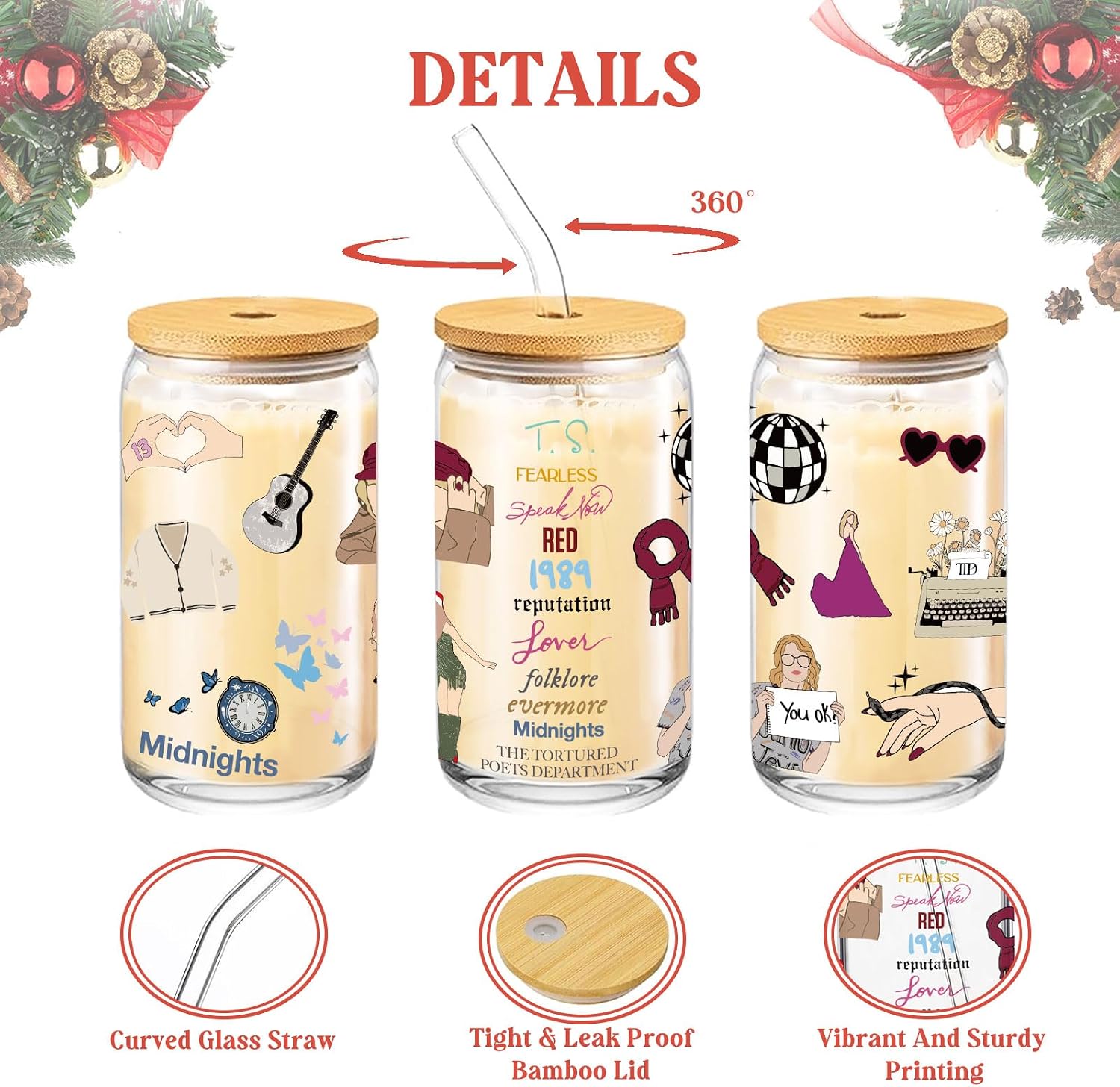 Christmas Glass Cup for Women, 16 oz Glass Cup with Lids and Straws, Holiday Coffee Drinking Glass Tumbler Party Supplies, Singer Merch White Elephant Gifts Stocking Stuffers for Girls Sister Daughter