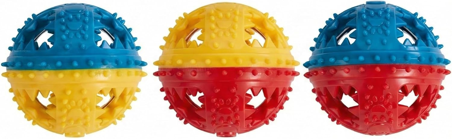 Spiky Dog Ball with Internal Bell - Rigid TPR Durable Fetch Toy - Squeakless Rattle Sound - Hard Textured Dental Surface for Teeth Cleaning & Medium Large Breeds (3-Versions-in-1)