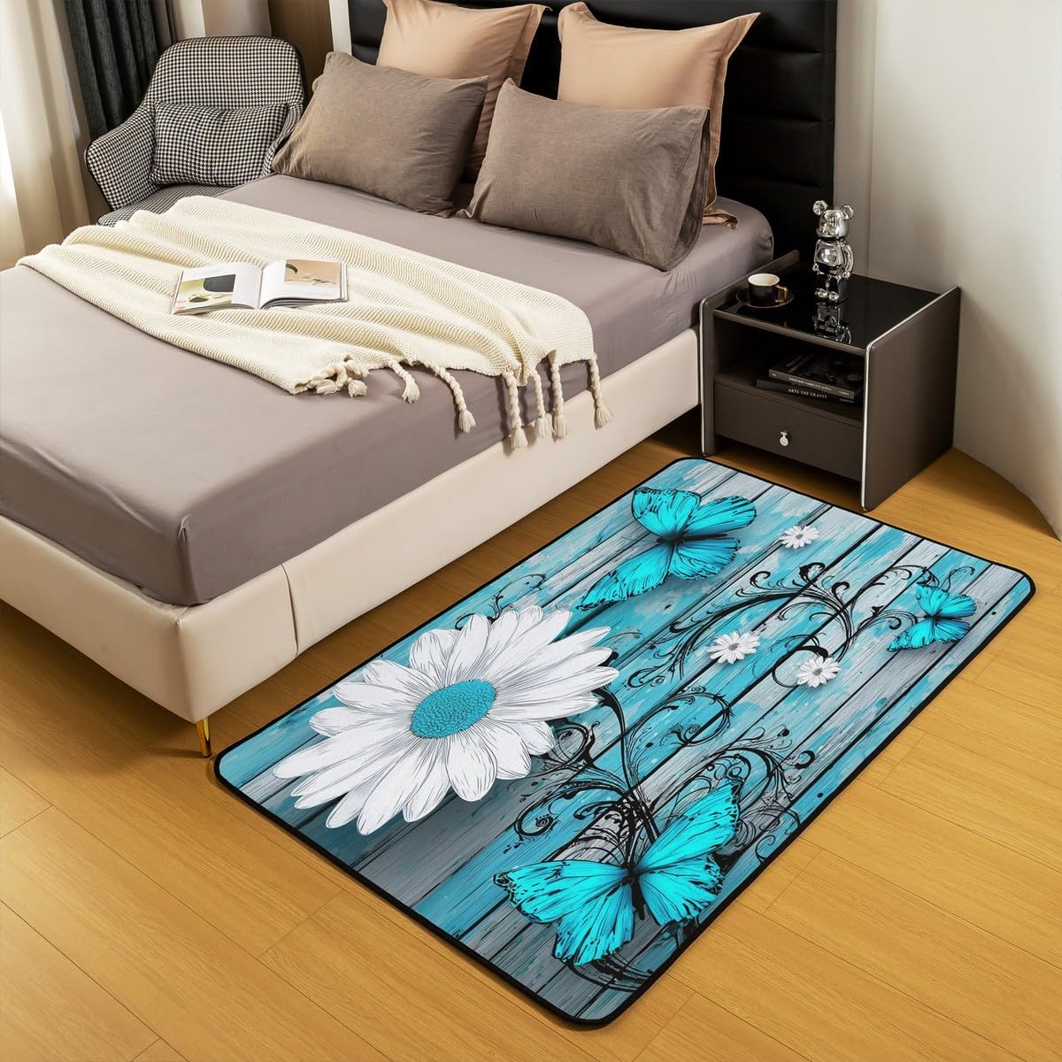 Butterfly Area Rugs for Girls Teens Women Bedroom, Rustic Flower Non Slip Carpet 3x5 for Living Room Bedside, Blue Butterflies White Chic Floral Rug, Retro Vintage Romantic Non Shedding Accent Rug