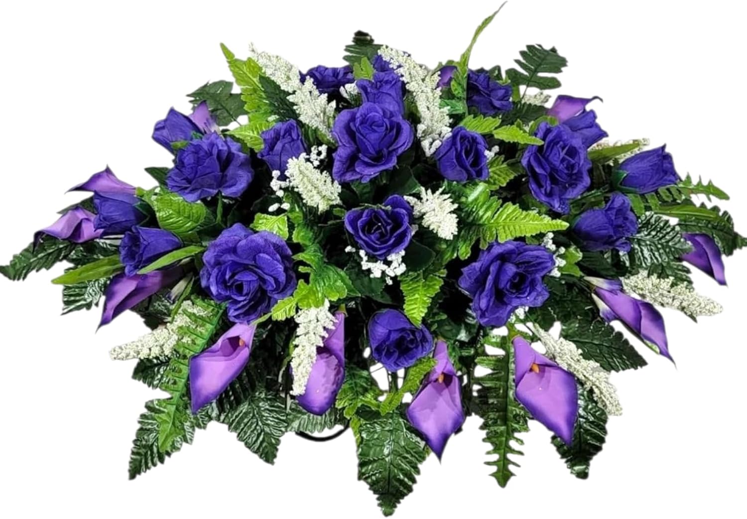 Cemetery Saddle Memorial Decoration - Realistic Silk Faux Floral Artificial Grave Flowers - Purple Roses and Calla Lilies for Headstone Decorating