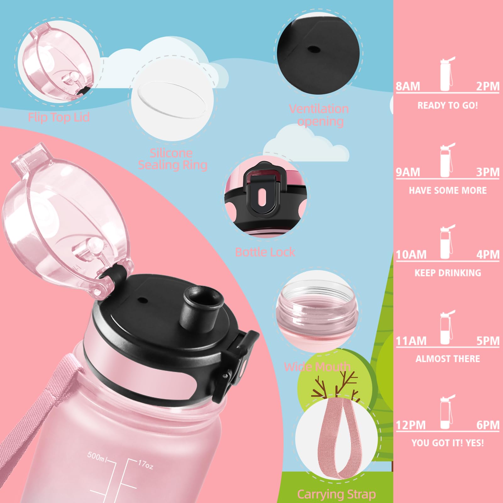 Water Bottle, 500 ml, BPA-Free, Water Bottle, Leak-Proof Lock