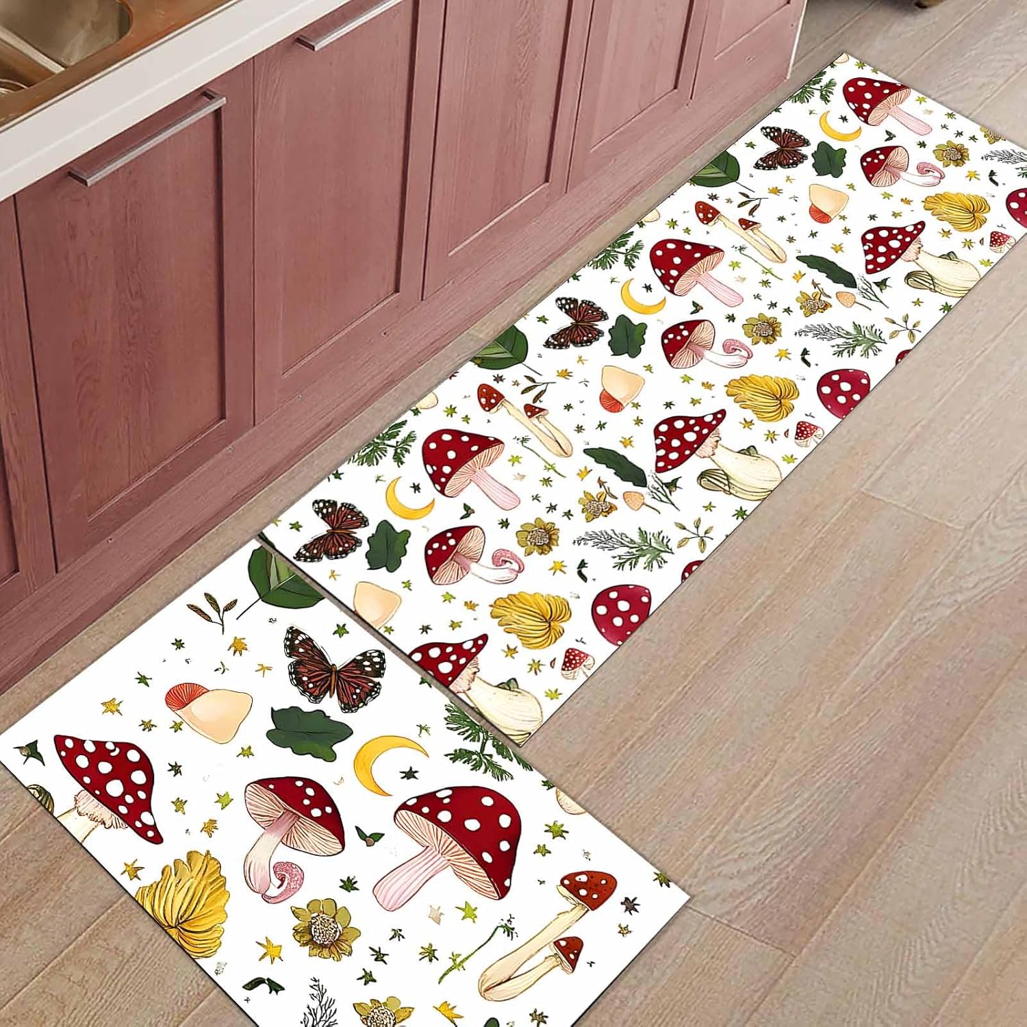 2 Pieces Kitchen Rugs and Mats,Red Mushroom Colorful Butterfly Leaf Area Runner Rug Set Non Slip Floor Doormat Washable Carpet Standing Mat for Kitchen Sink Indoor Corridor,Watercolor Botanical