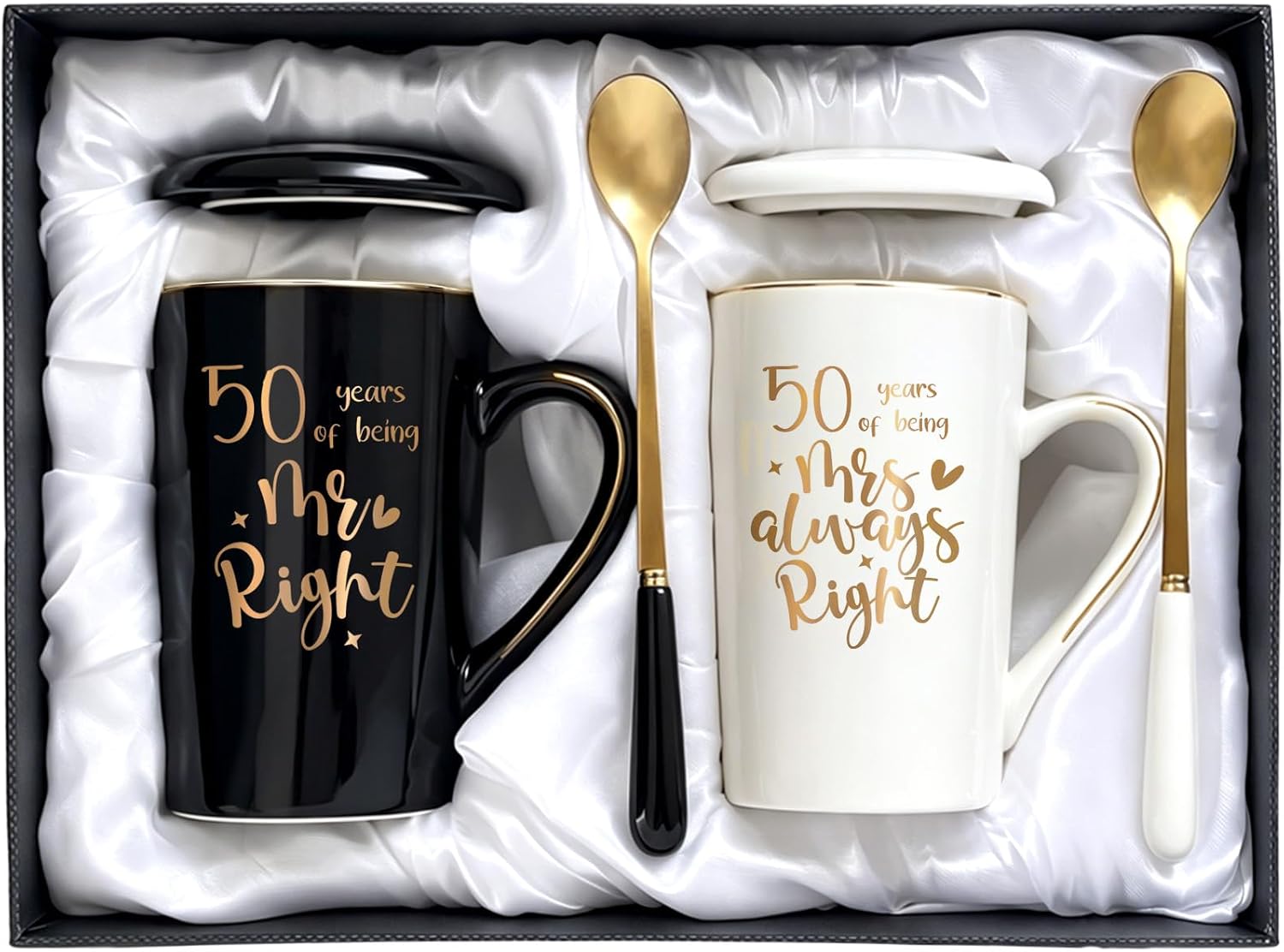 50th Wedding Anniversary for Couples - 50 Years of Being Mr & Mrs Right Coffee Mug Gift Set with Lids, Golden 50th Gifts Ideas for Parents Grandparents (14 Oz, Black & White)