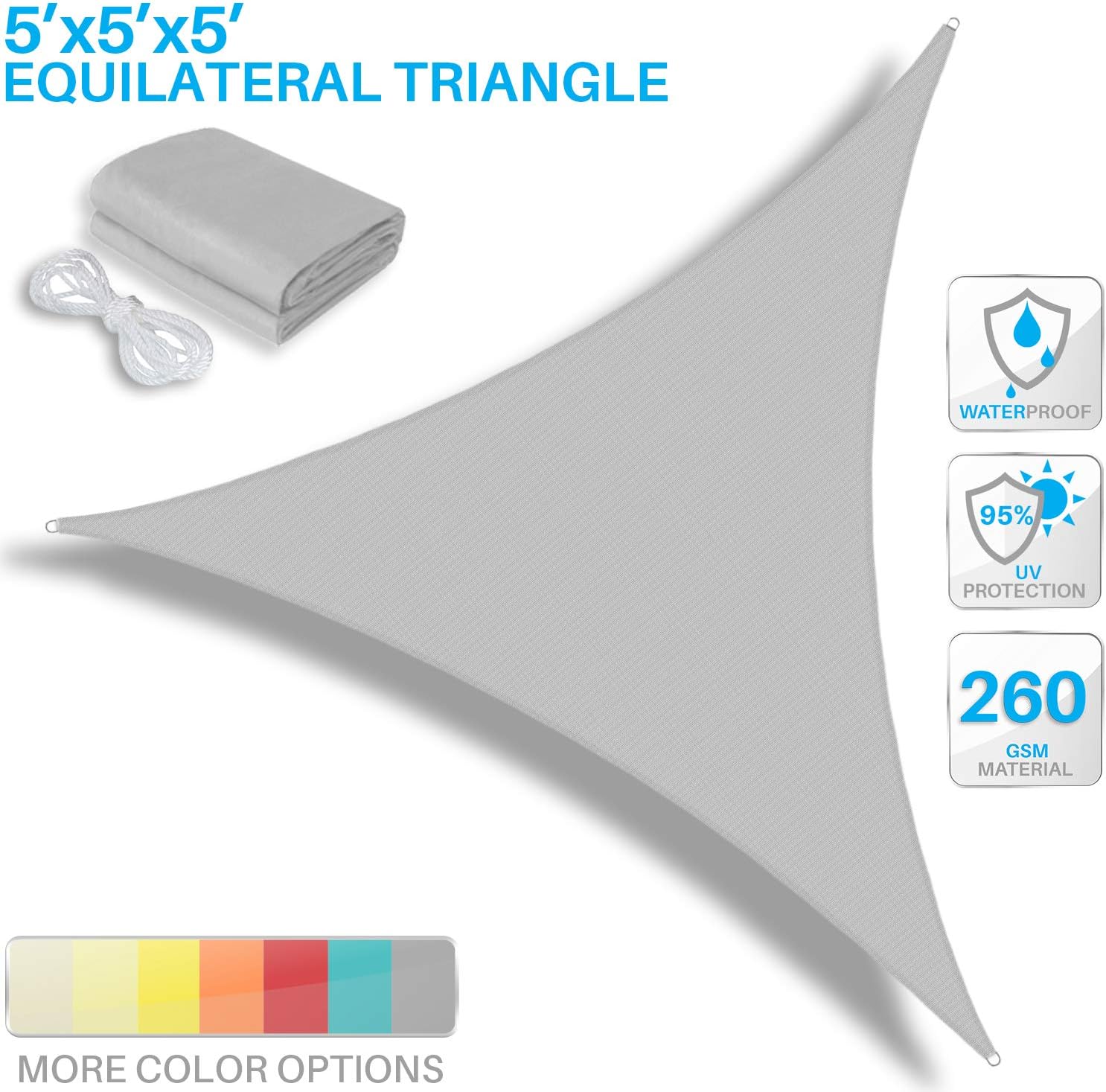 Patio Paradise 5' x 5' x 5' Waterproof Sun Shade Sail Triangle with Hardware Kit, Shade Canopy Square UV Block Awning Cloth Outdoor Patio Covers for Garden Backyard Pergola, Light Gray