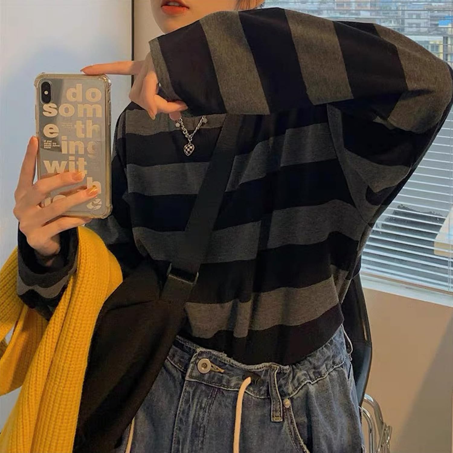 Zhiyouni Womens Stripe Shirt Oversized Casual Loose Long Sleeves Pullovers Couples Shirts Sweatshirt - Image 3
