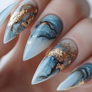Almond Tip Press on Nails Medium Length Gold Foil Stripes Design Blue Marbling Fake Nail Full Cover Acrylic Artificial Stick on Nail Glossy Reusable Glue on Nail for Women 24Pcs