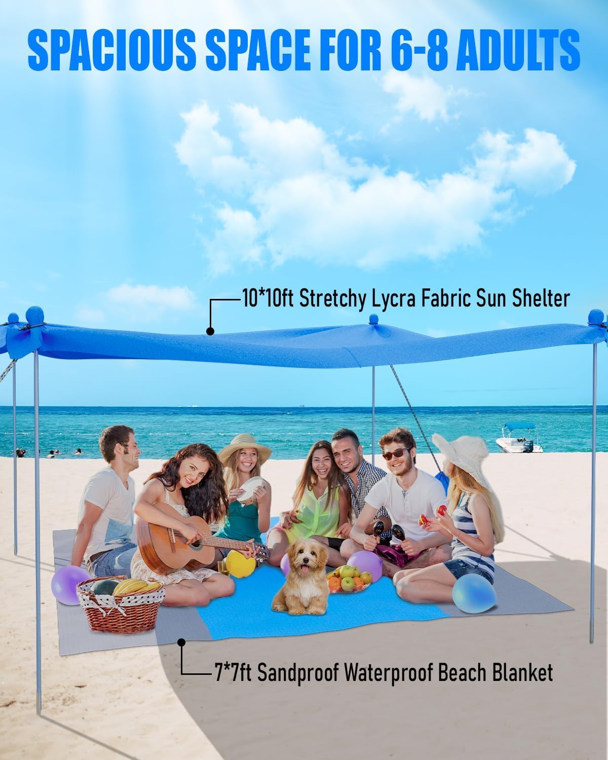 WOFOLiFE Beach Tent Sun Shelter Sunshade 10x10ft with Beach Blanket Waterproof Sandproof for 6-8 Adults, UPF50+ Protection, Easy Setup, Portable Outdoor Beach Canopy for Beach Picnic Camping Fishing