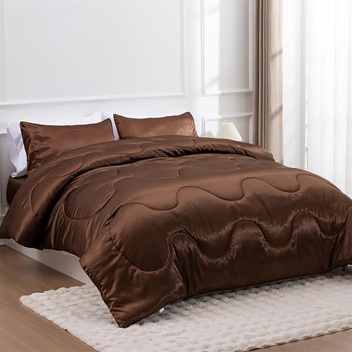 Miniatura 4 de A Nice Night Juego de edredón de satén suave y sedoso, juego de edredón sexy de microfibra súper suave, tamaño matrimonialqueen, ligero (chocolate,