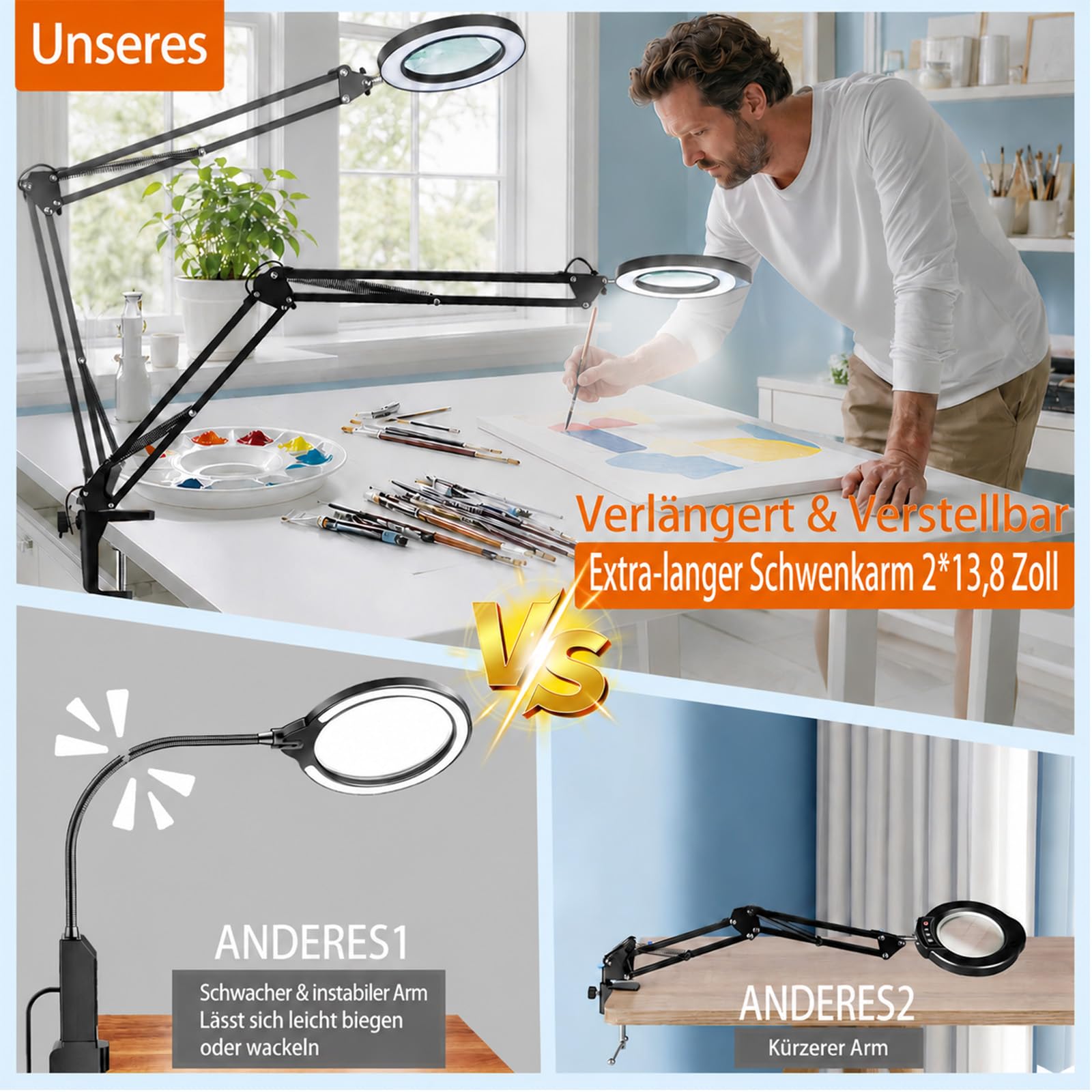 15X Lupenlampe mit Klemme – LED Schreibtischlampe mit 72 LEDs, 3 Lichtmodi & 10 Helligkeitsstufen, Echtglaslinse 4,3", Extra Langer Schwenkarm, Lupenleuchte für Basteln, Lesen & Elektronik