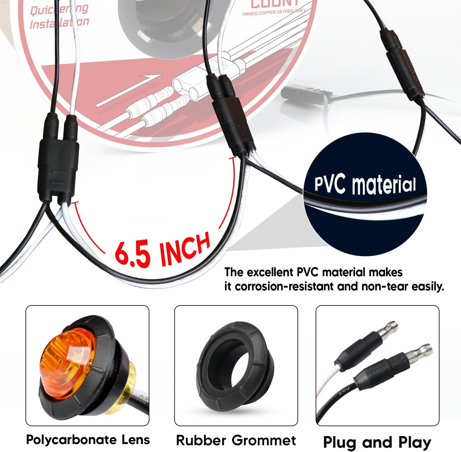 100 Pcs 3/4" Amber LED Marker Lights with DC Plug + 100 Double Female 2-Prong Harnesses – Clearance Indicator Lights for Truck, Trailer, RV, Pickup