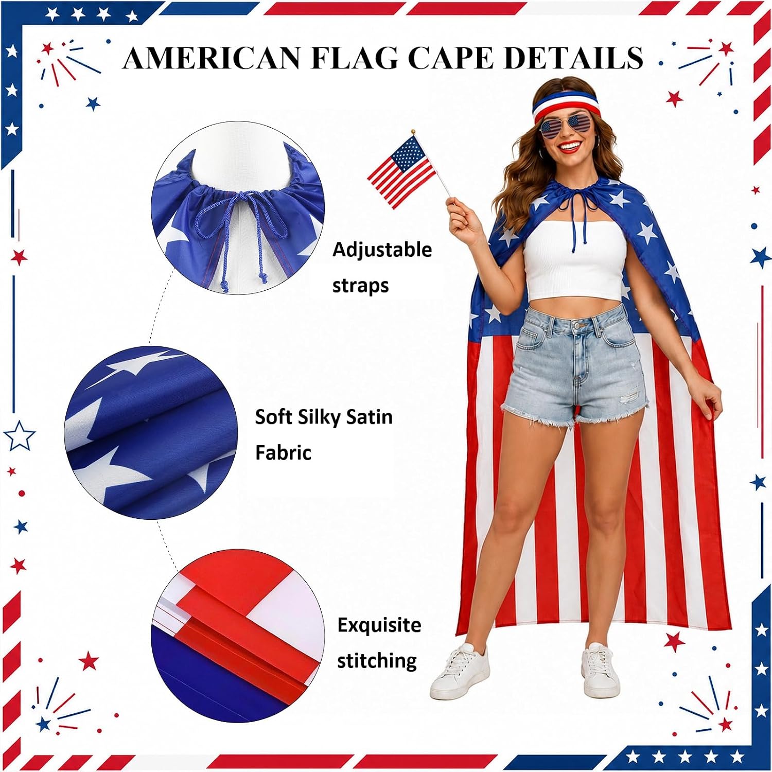 AKTVSHOW American Flag Costume Cape 4th of July Outfits for Men Women: Patriotic Costume Accessory Sets for Independence Day, USA Sunglasses, Red White Blue Headband & Stickers for 250th Anniversary