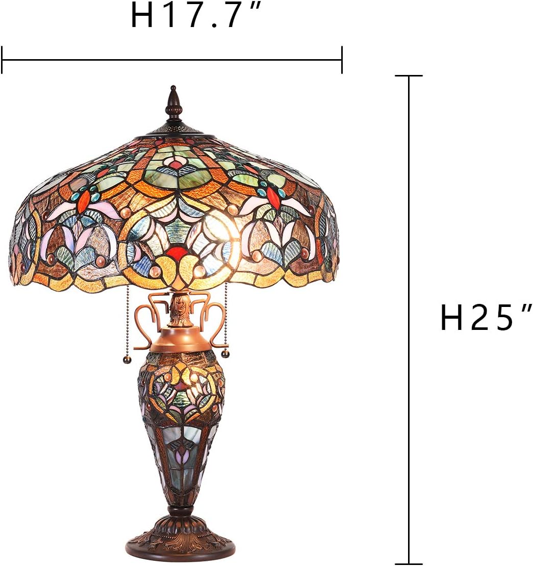 Get Special Price Capulina Tiffany Table Lamp 3 Light with Nightlight Stained Glass Art Classical Style Desk Lamp for Bedroom Living Room Office