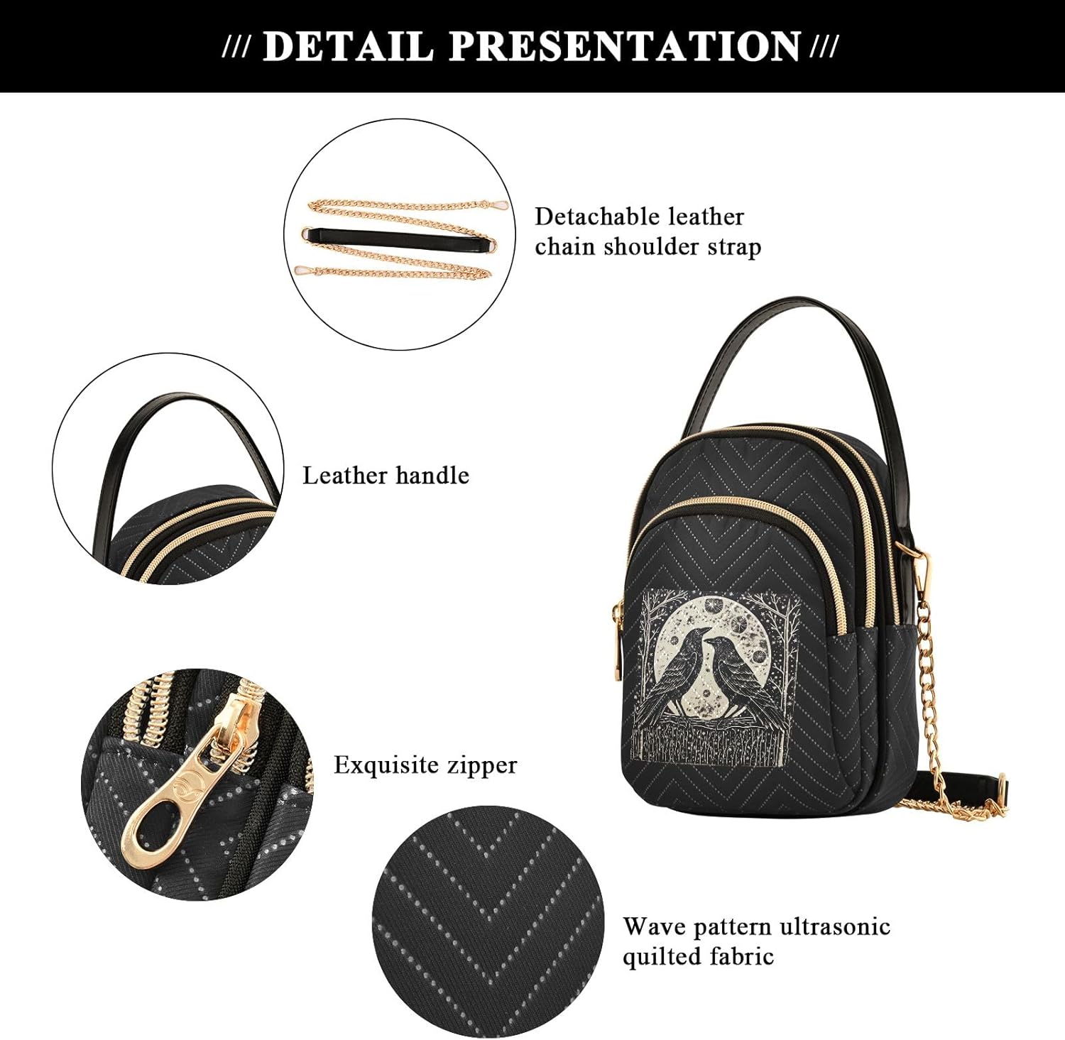 Crow with Moon Women's Crossbody Handbags with Zipper, Casual Leather Cell Phone Purse Crossbody Bags for Ladies
